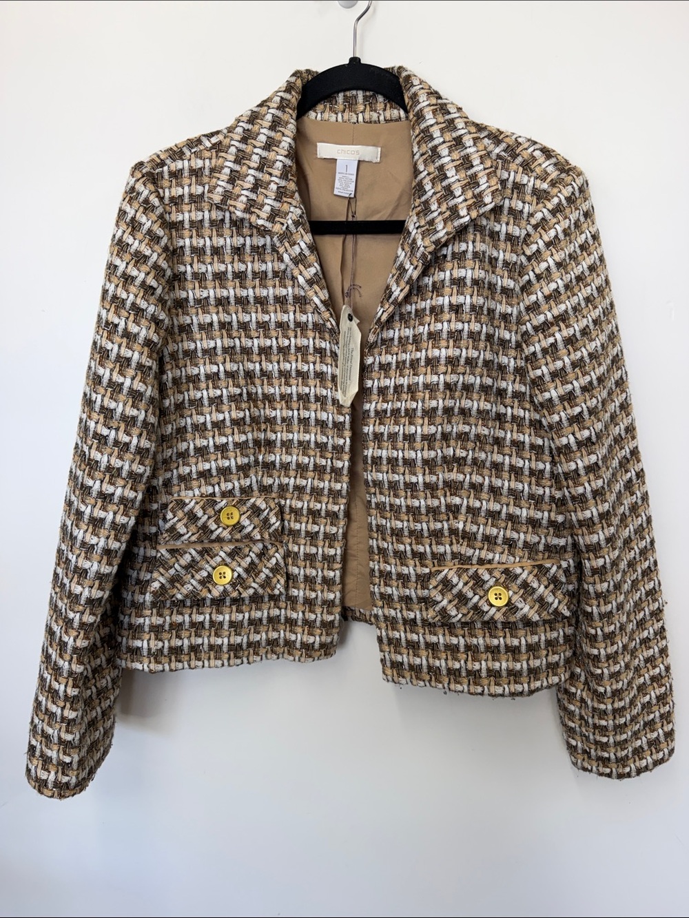 Chicos Wool-Blend Tweed Cropped Jacket in Brown & Cream 1 M